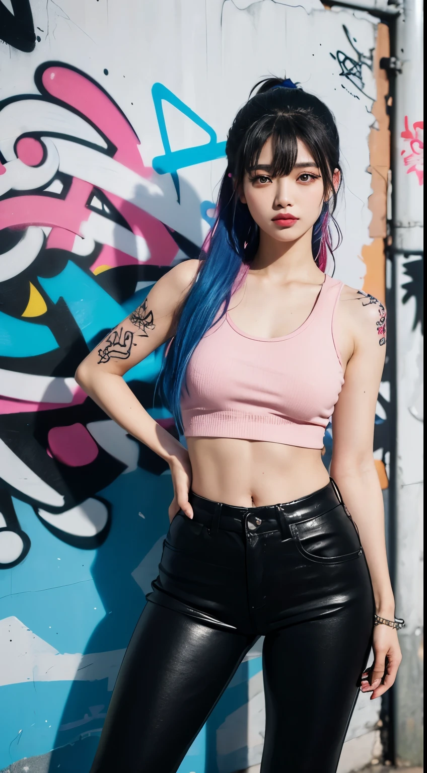 best quality, Clarity, 4k, 8k, detail, actual, Beautiful Girl, Korean makeup, black lips, pink and blue medium mullet hair, Perfect body, full tattoo on body, stand, pose standing, medium chest, tank top, black legging Pants, Solid graffiti wall background, Graffiti art,