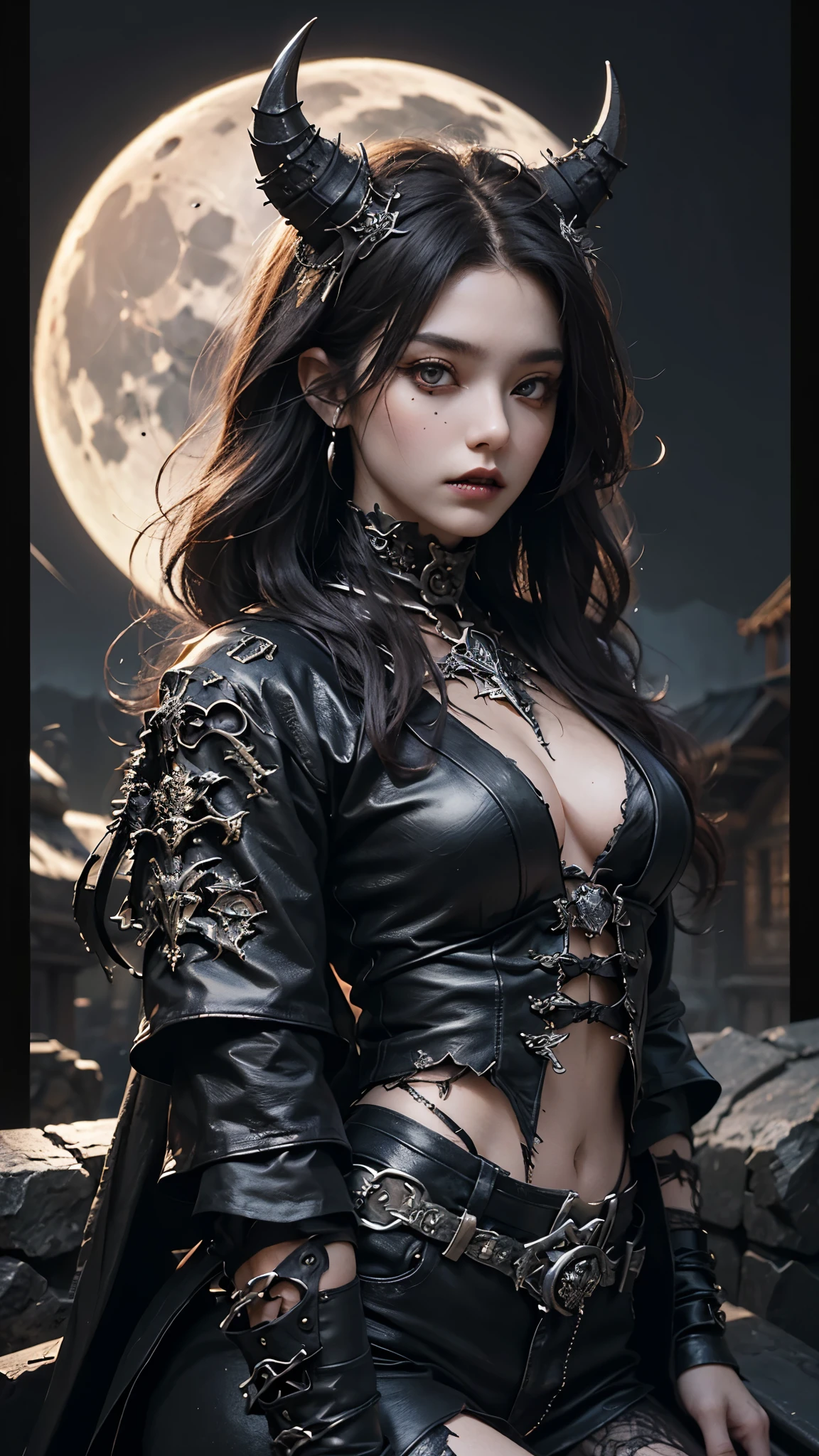 8K, ultra HD, very detailed, masterpiece, 1 girl, good face, dark eyes, dark lips, medium beasts, (detailed metal outfit:1.5), (black devil outfit), care waist, darkness, moon background, scary scenery, sitting, 