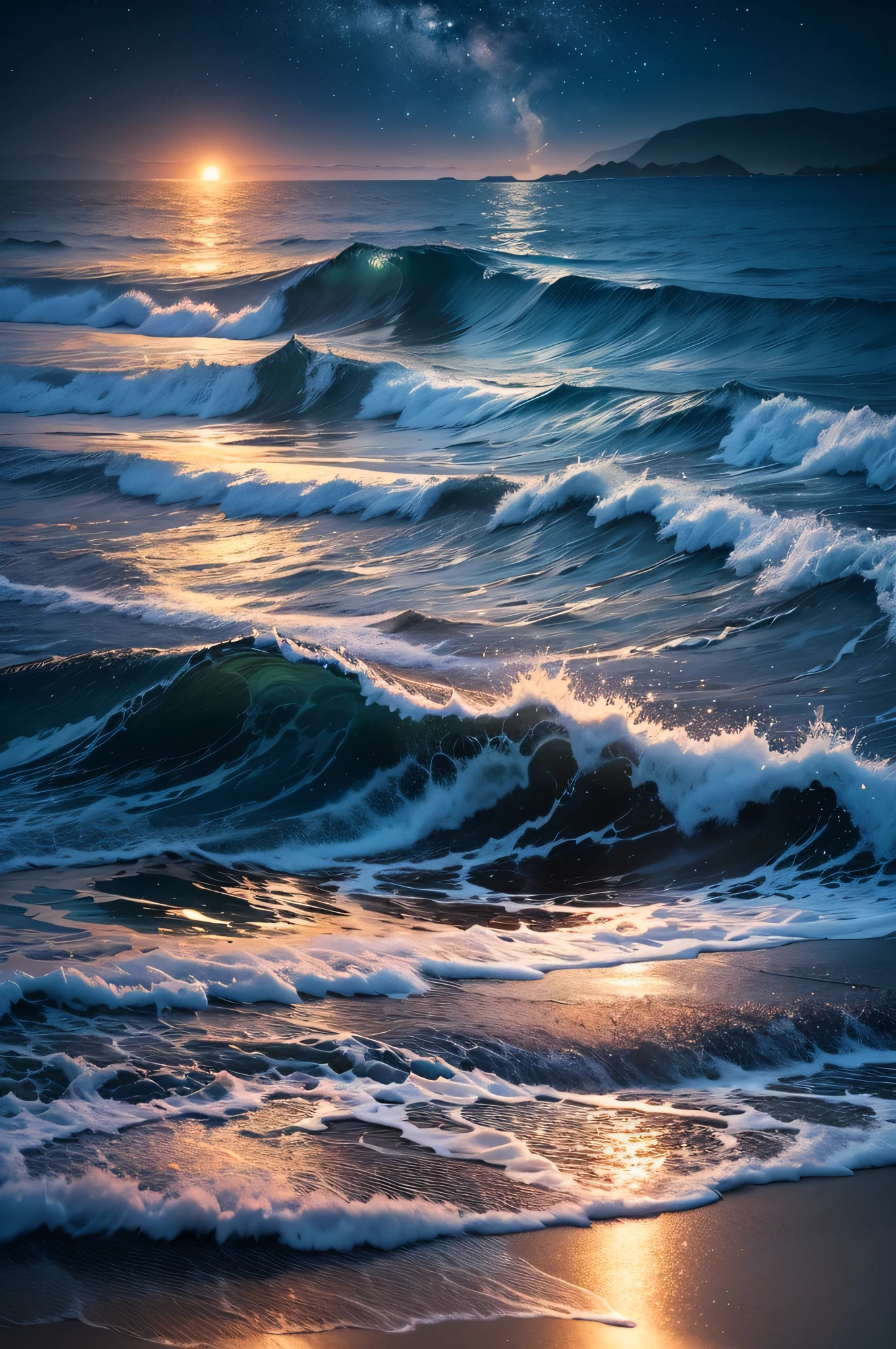 best quality, HDR, ultra-detailed, beach at night, serene waves, sparkling stars, shimmering moonlight, tranquil atmosphere, dreamlike, surreal, ethereal colors, soothing sounds of the sea, peaceful solitude, mystical beauty, breathtaking view, perfect harmony, gentle breeze, endless horizon, dark night full of twinkling stars, reflection of moon on the water