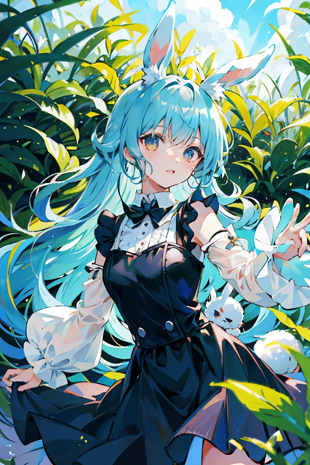 Bunyer, main character, Unique bunny ears raised，Travel gracefully through the mysterious forest. Dotted with vibrant green plants, Its agile movements demonstrate its affinity with its charming environment.