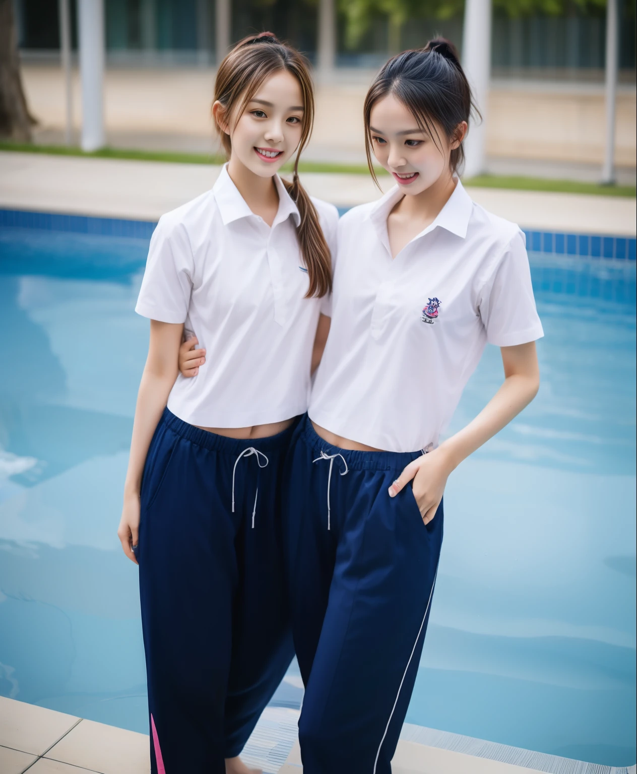 2 girls in the swimming pool, Navy blue short-sleeved shirt,Navy Long Trackpant,Sweatpants, Sweatpantsขายาว,25 year old girl, lesbian, sexy, exercise clothes, wet body