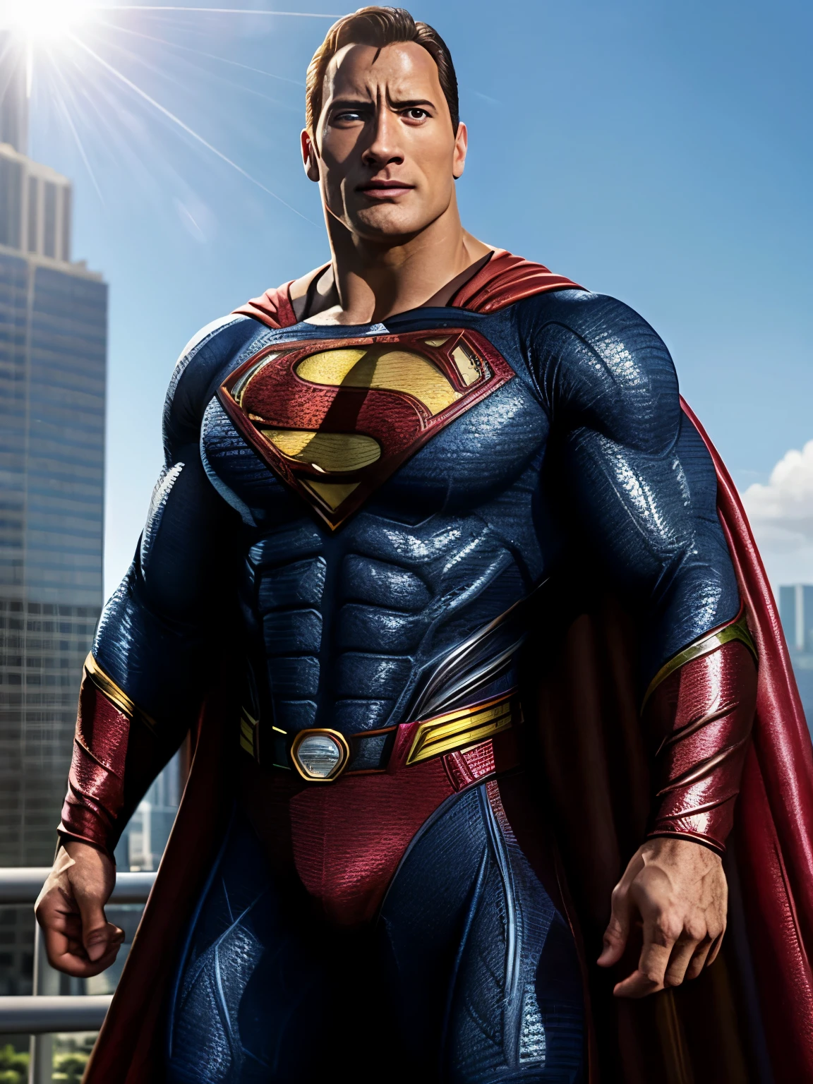 a man in a superman suit standing in a city, dwayne johnson as superman, superman pose, superman, herry cavill, justin hartley as superman, superman costume, nicolas cage as superman, nicholas cage as superman, superhero body, tom hanks as superman, superman emerging from the sun, dwayne johnson as spiderbatman, henry cavill as batman, textless