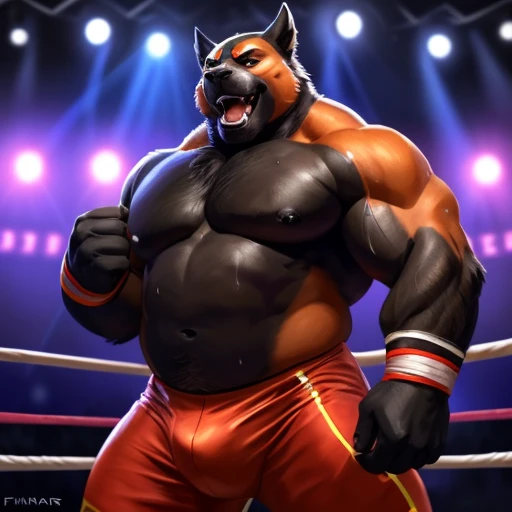 anthro emboar, wrestler, 4k, high resolution, best quality, posted on e621, (solo:1.1), anthro body, male, adult, very masculine, (very muscular, heavyweight:1.2), correct anatomy, (show wrestling background, wrestling ring), (by wfa, by chunie:0.8), (by Taran Fiddler:1.0), (detailed eyes:1.2), (watercolors:1.0), (tight show wrestling pants, bare chest:1.0), (black stomach, black chest:1.2), serious face, open mouth, (sweat:1.2), strong pose