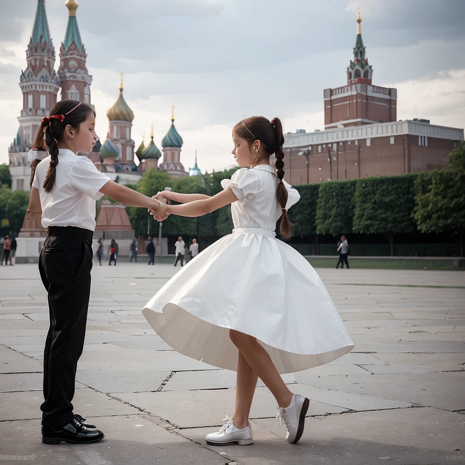 A seven-year-old girl in a fluffy dress, Red, with long hair tied into a ponytail on his head.  Waltz dancing with a 7 year old boy. Boy in a white shirt, black trousers, patent leather shoes. Red Square with the Kremlin in the background