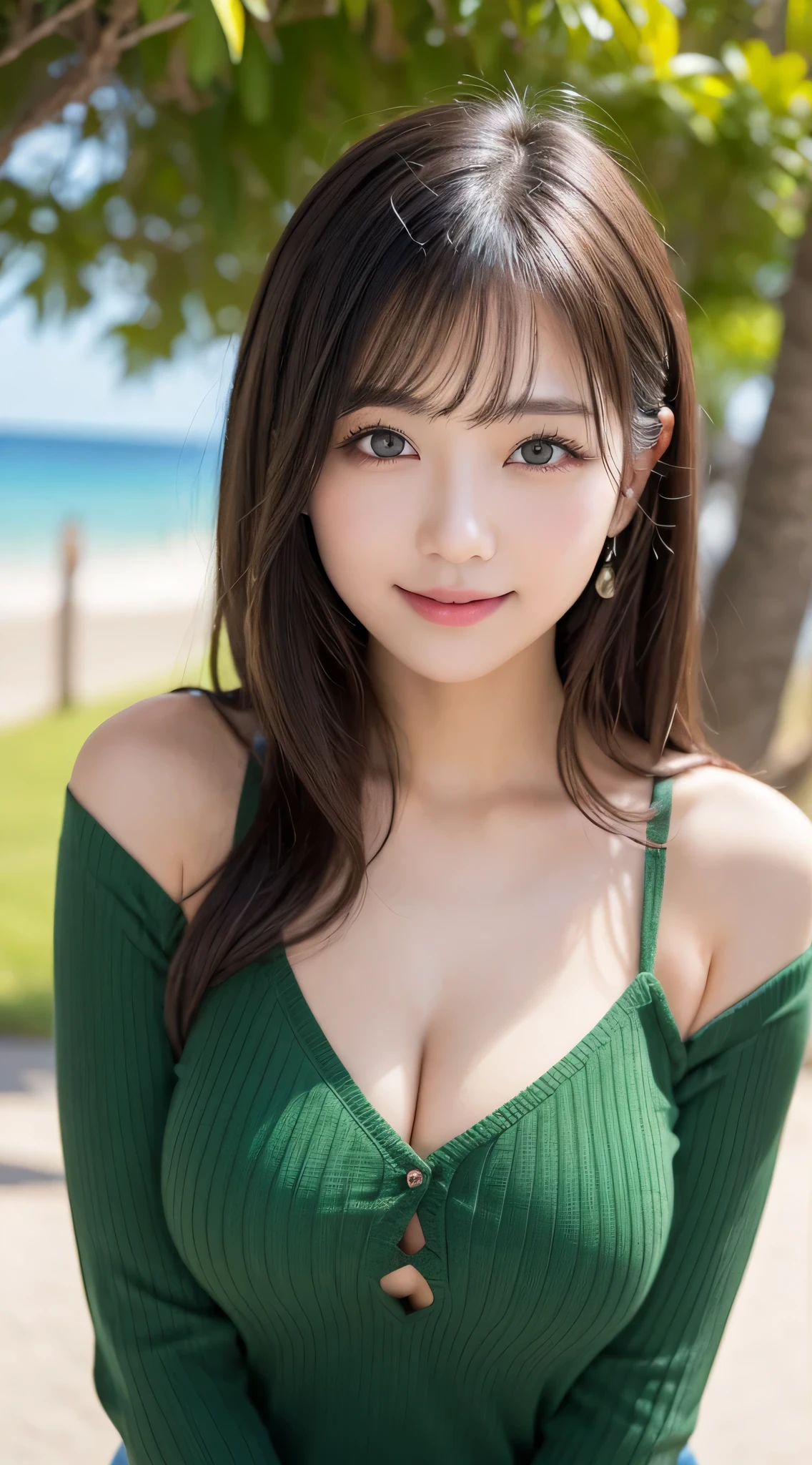 table top, highest quality, Photoreal, finely, High resolution, 8k wallpaper, perfect dynamic composition, beautiful and fine eyes, medium hair, big and full breasts, random sexy poses,chest to chest、(Tight Green Knitwear)、(Breast bulge 1.2)、laughter、open your mouth、resort scenery、24-years-old、(droopy eyes 1.4)、Adult beauty、Japanese