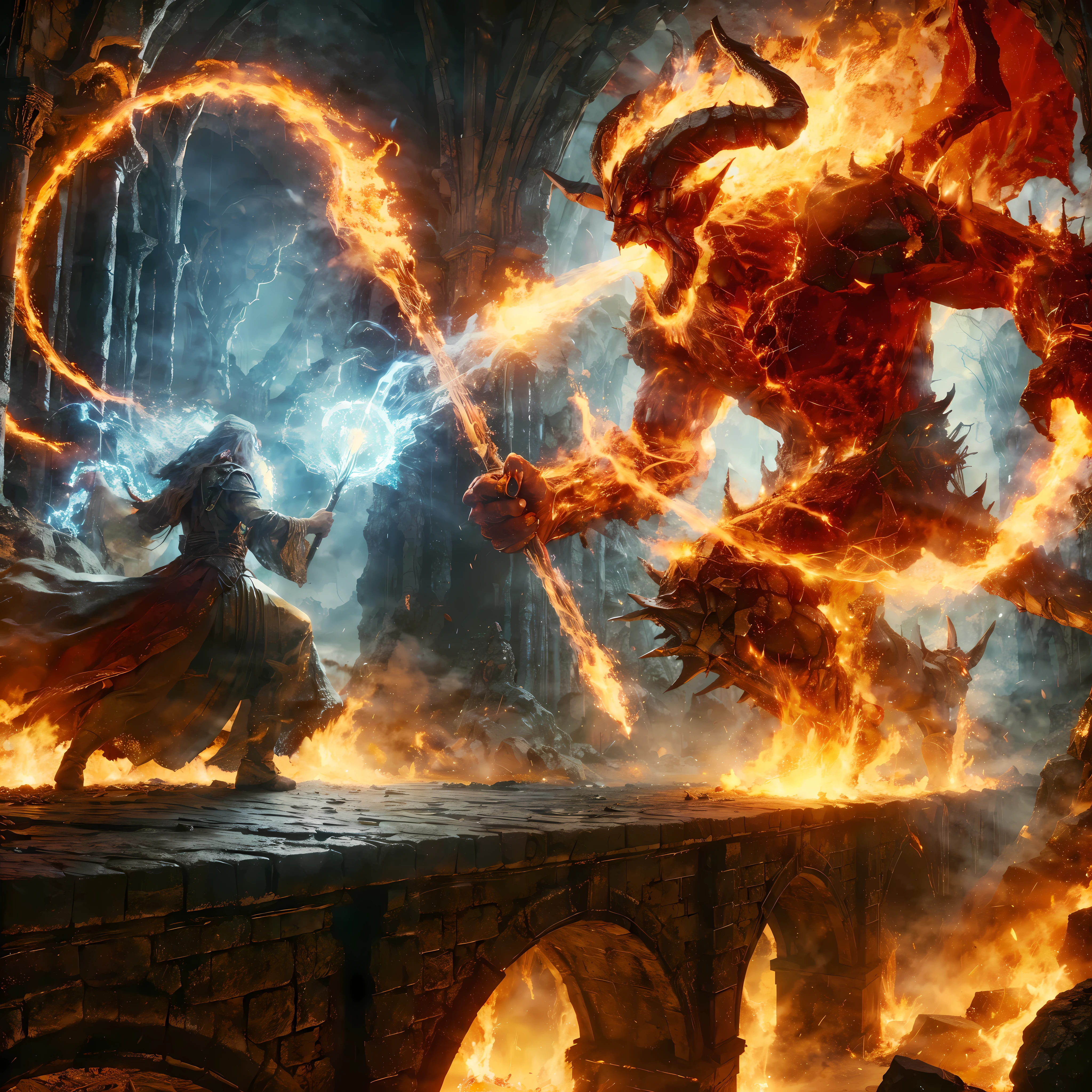 Batalha entre Gandalf e o Balrog. Fogo, Magia, Cavernas, realista , foto, Action