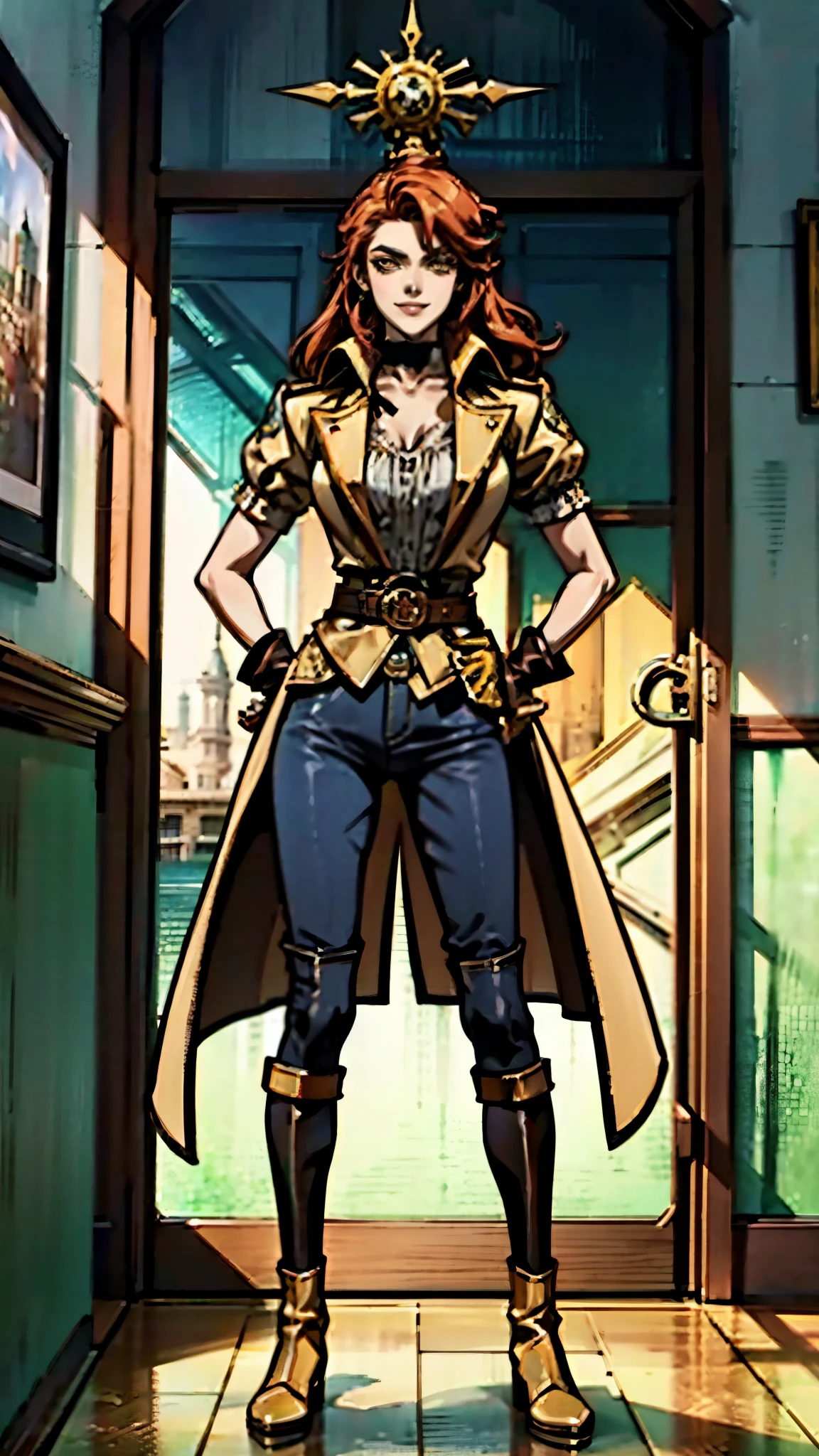 A beautiful woman with flowing orange long hair, exquisite facial features, a playful smile, confident eyes, a tall figure, a two-piece fantasy-style pirate robe coat, yellow as the main color, complemented by red accents, long wrist guard gloves on her hands, a gold belt around her waist with a short hem, leather pants, knee-high boots, standing with her hands on her hips in front of a fantasy medieval-style port tavern, this character embodies a finely crafted fantasy-style female pirate in anime style, exquisite and mature manga art style, retro artstyle, high definition, best quality, highres, ultra-detailed, ultra-fine painting, extremely delicate, professional, anatomically correct, symmetrical face, extremely detailed eyes and face, high quality eyes, creativity, RAW photo, UHD, 8k, Natural light, cinematic lighting, masterpiece-anatomy-perfect, masterpiece:1.5