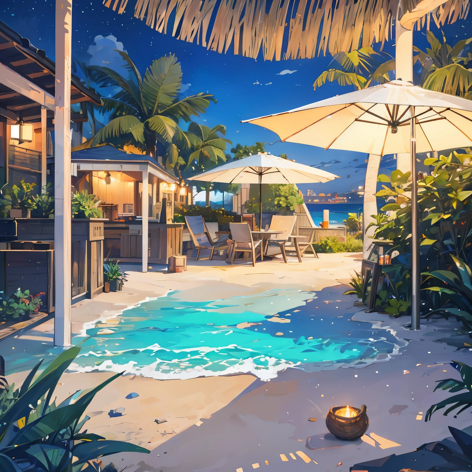 The beach at nine o'clock at night,Small outdoor seaside restaurant,There are some colored lights,plant,shell,beach,Stones,A small amount of coconut trees,There are some drinks and snacks on the table,There are some floor lamps on the sand,Don't be human,No tables and chairs in the foreground,The overall perspective is zoomed out a little further