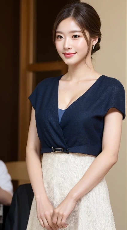 (korean woman), 1 girl, realism, ((highest quality, 8K, masterpiece: 1.3)), Nikon Camera, Opening room F1.2, photo texture, soft light, Fine skin texture, fine fabric texture, fine eyelashes, long eyelashes, big breasts, exposed cleavage, (close up of chest), An elegant dress, Slim dresses in black or navy blue, Pair with mid heel heels, can improve temperament. Wear it with a simple cropped jacket、Add layers and professionalism. Comes with a simple and elegant handbag, it looks more decent. For hairstyle, you can choose a simple and neat low ponytail or smart middle straight hair, Hair color should choose natural brown or black, Skin tone should choose natural base makeup, With light eyeshadow and lipstick, Looks more decent and delicate, (skin as white as snow), whiten skin, smile