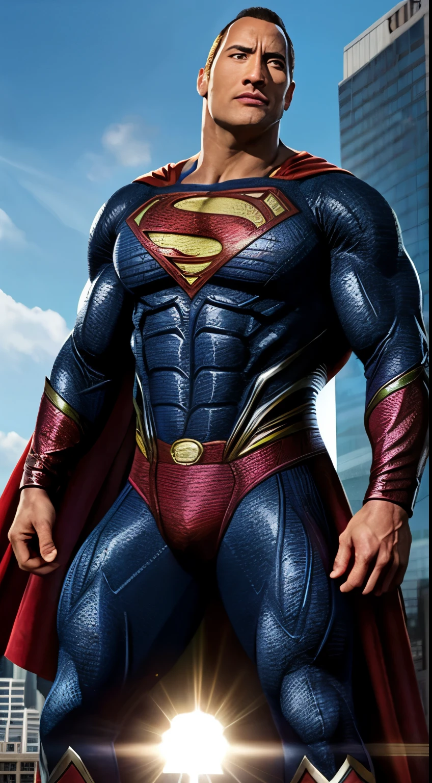 a man in a superman suit standing in a city, dwayne johnson as superman, superman pose, superman, herry cavill, justin hartley as superman, superman costume, nicolas cage as superman, nicholas cage as superman, superhero body, tom hanks as superman, superman emerging from the sun, dwayne johnson as spiderbatman, henry cavill as batman, textless