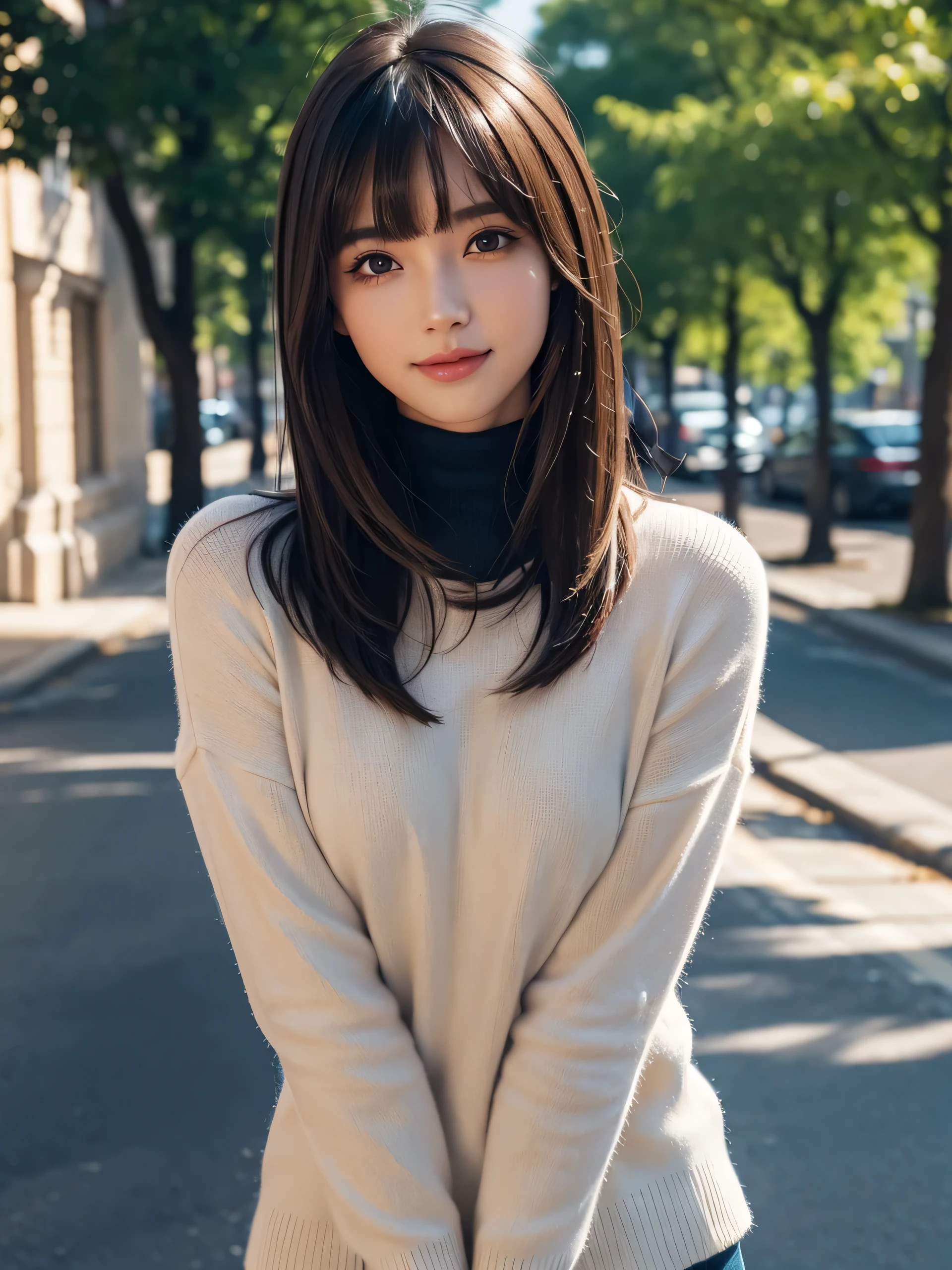 1 girl, cute, girly, cute, gentle features、glossy lips、double eyelids in both eyes、natural makeup, smile, (eye highlights:1.2), long eyelashes are bright, short hair, Smooth light brown hair、hair swaying in the wind, (bangs:1.3)、center image、8K、high detail、detailed hairstyle、detailed face、great movie lighting、octane rendering、vibrant、surreal、perfect limbs、perfect anatomy, beautiful proportions, navy knit turtleneck sweater, business suit,