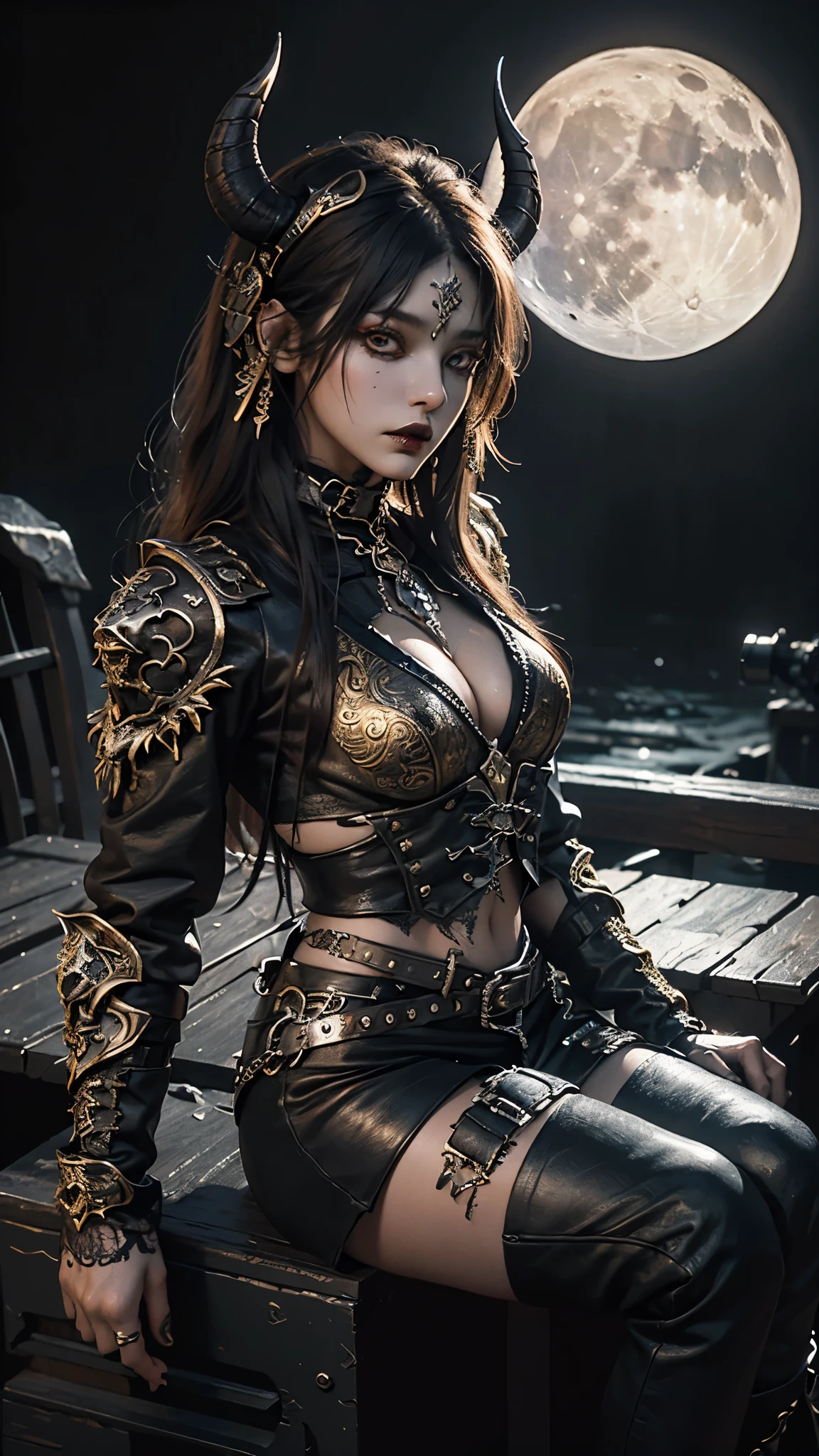 8K, ultra HD, very detailed, masterpiece, 1 girl, good face, dark eyes, dark lips, medium beasts, (detailed metal outfit:1.5), (golden devil outfit), care waist, darkness, moon background, scary scenery, sitting,