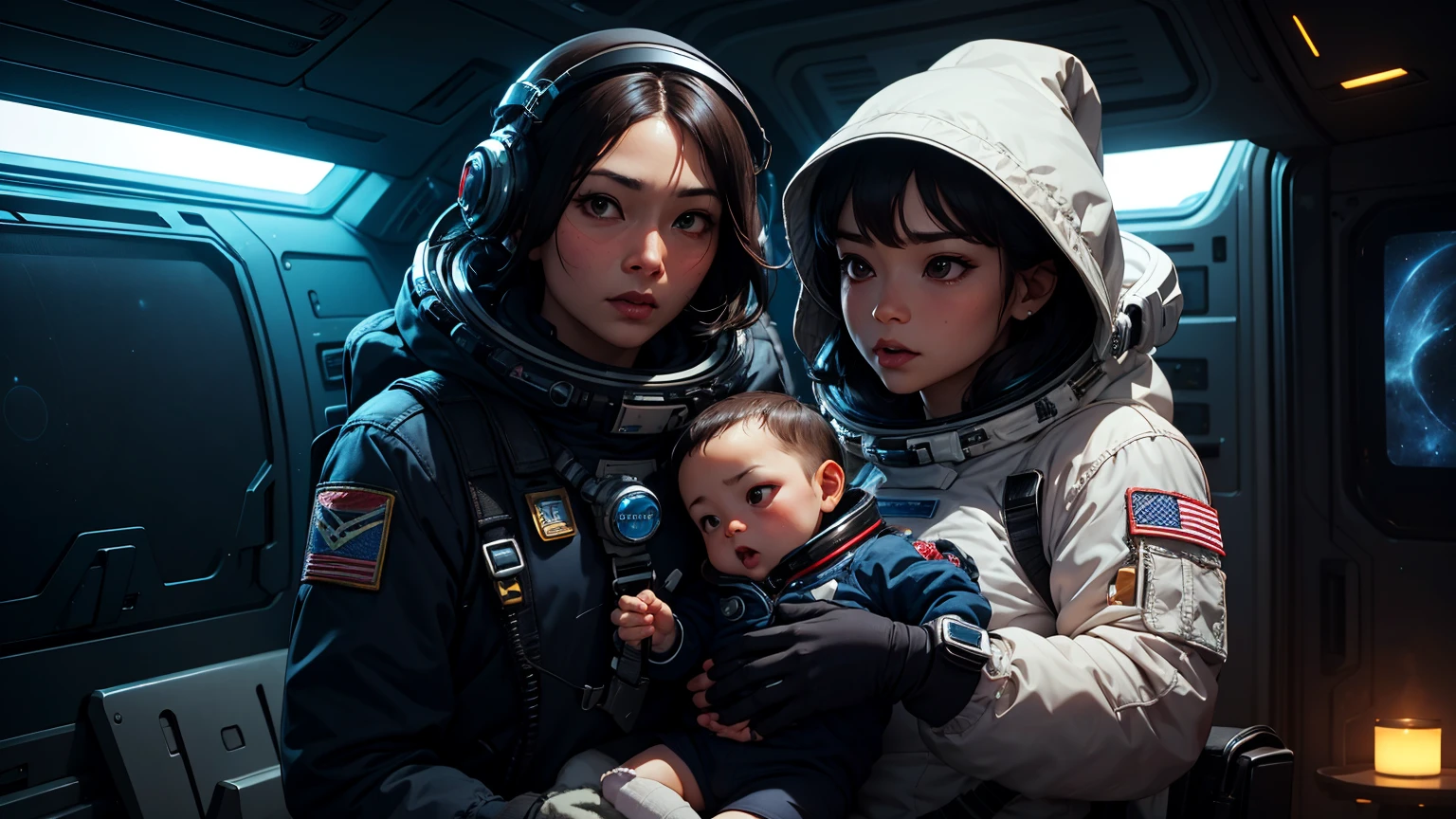 Middle-aged Asian woman wearing futuristic space suit, holding a  also in a space suit, with one hand holding a gun and the other hand holding the babyoking tense and fearful, escaping from alien monsters, sci-fi style, dark blue scene, masterpiece, high-definition, real, 4k, ultra-high definition