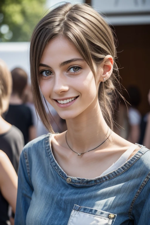 french female painter, 18yo, very skinny, anorexic, very small breast, dirty tshirt, cheerful, smile, watched by many people up close, very close to people, in the art exhibition, very crowd, best quality, 4k, 8k, highres, masterpiece, ultra-detailed, realistic
