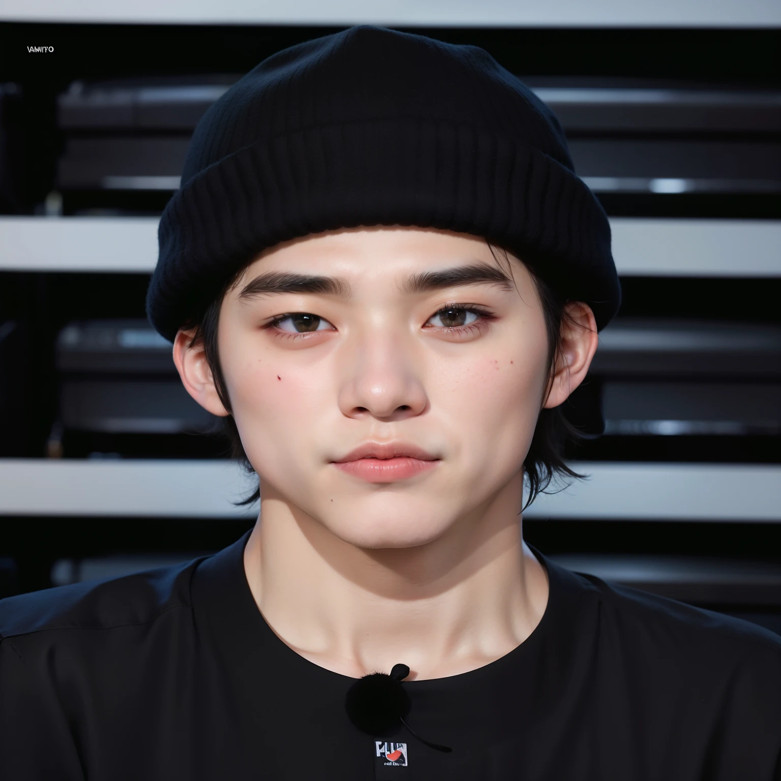 blurred image of a man in a black hat and black shirt, adorable and pale korean face, Kim taehyung, Kim Taehyung BTS, hyung tae, your eyes seem wise, taejune kim, young pale angel, Retrato de Taehyung BTS, ironic smile, ( ( Olhos negros profundos ) ), rosto bonito, rosto bonito