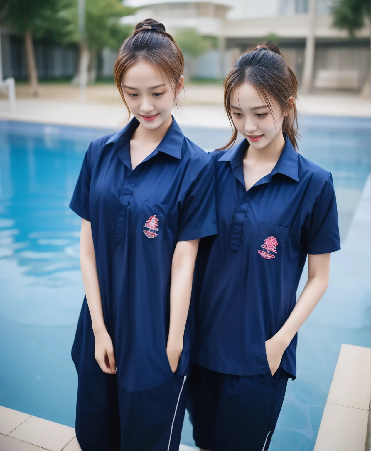 2 girls in the swimming pool, Navy blue short-sleeved shirt,Navy Long Trackpant,Sweatpants, Sweatpantsขายาว,25 year old girl, lesbian, sexy, exercise clothes, wet body