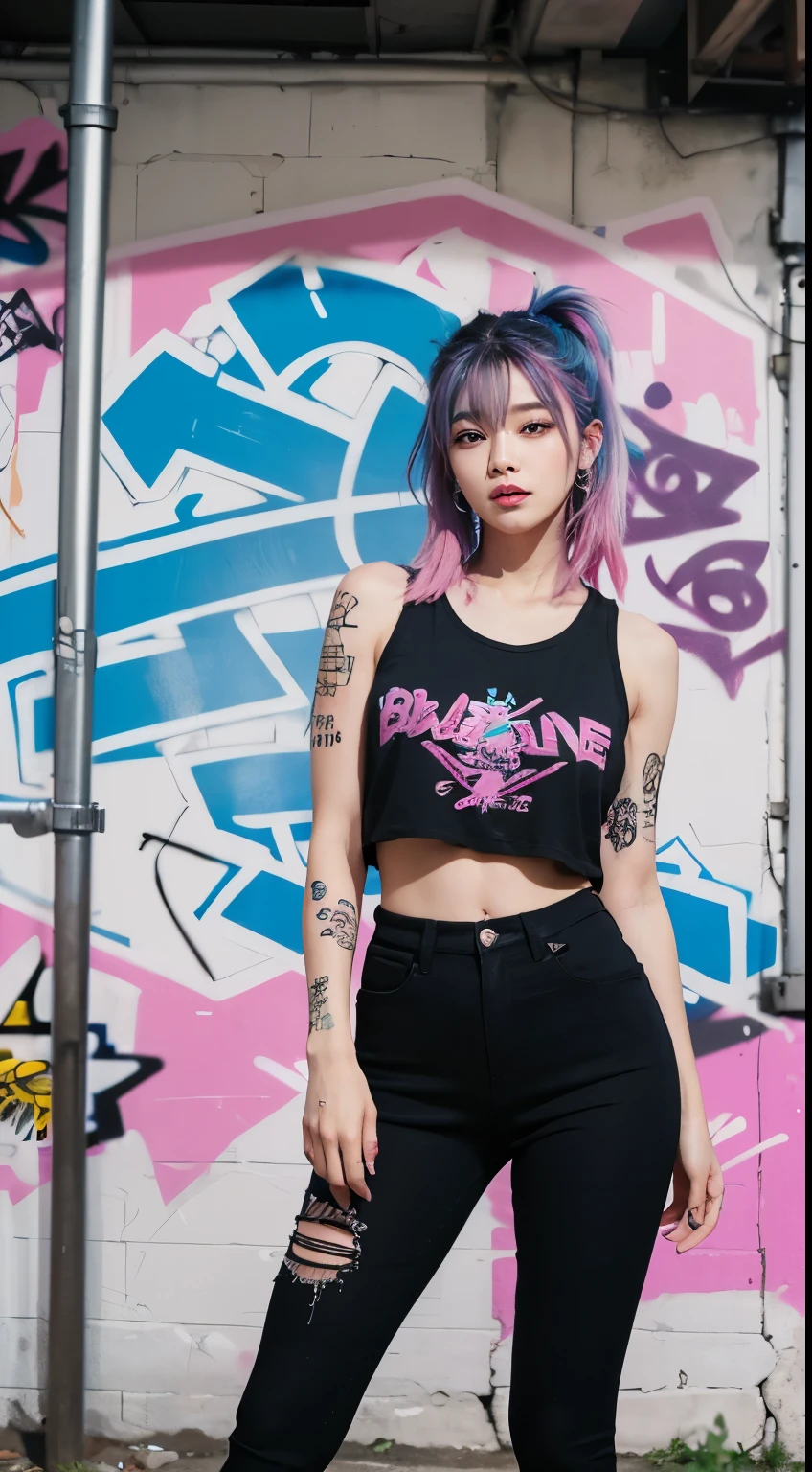 best quality, Clarity, 4k, 8k, detail, actual, Beautiful Girl, Korean makeup, black lips, pink and blue medium mullet hair, Perfect body, full tattoo on body, stand, pose standing, medium chest, tank top, black legging Pants, holding m110 gun, Solid graffiti wall background, Graffiti art,