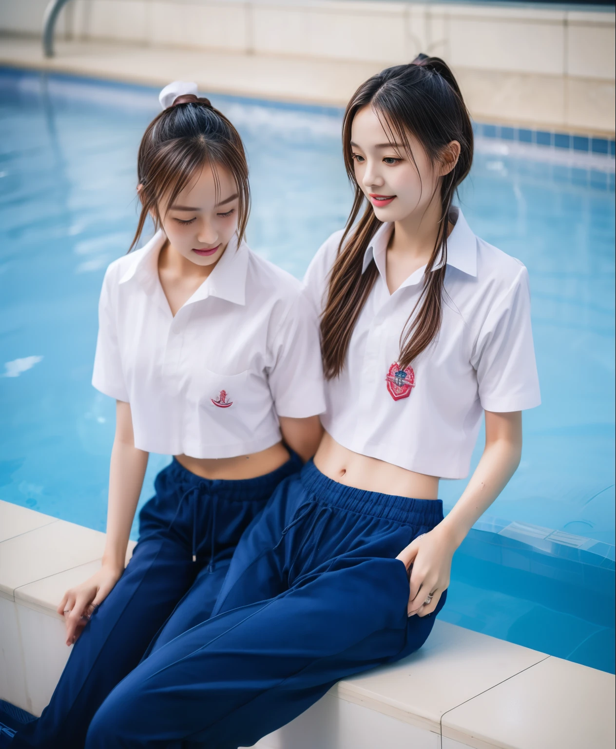 2 girls in the swimming pool, Navy blue short-sleeved shirt,Navy Long Trackpant,Sweatpants, Sweatpantsขายาว,25 year old girl, lesbian, sexy, exercise clothes, wet body