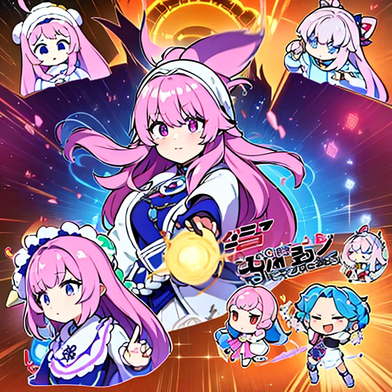 personagem feminina nos tempos coreano com as vestes medievais com as cores rosa, white and lilac and she is a bomb master with long hair,cheio e ondulado castanho escuro que nem os olhos e pele parda em estilo anime com Model sheet.