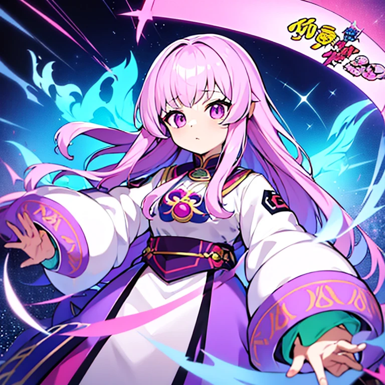 personagem feminina nos tempos coreano com as vestes medievais com as cores rosa, white and lilac and she is a bomb master with long hair,cheio e ondulado castanho escuro que nem os olhos e pele parda em estilo anime com Model sheet.