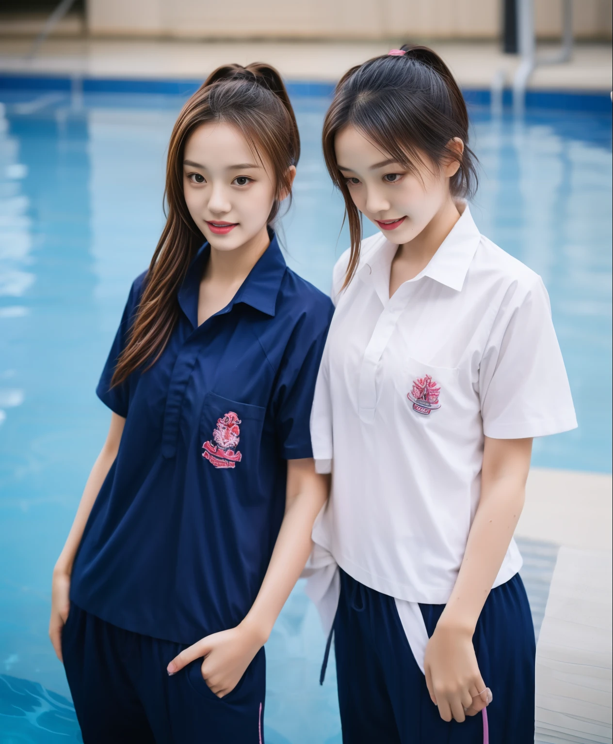 2 girls in the swimming pool, Navy blue short-sleeved shirt,Navy Long Trackpant,Sweatpants, Sweatpantsขายาว,25 year old girl, lesbian, sexy, exercise clothes, wet body