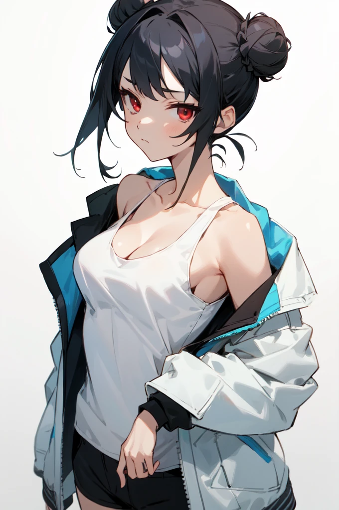 Woman, black hair, two hair buns, turquoise eyes, white small jacket hood, black leggings and tank top, curvy figure, anime character, high quality, 4k, 8k, realistic, shinobi