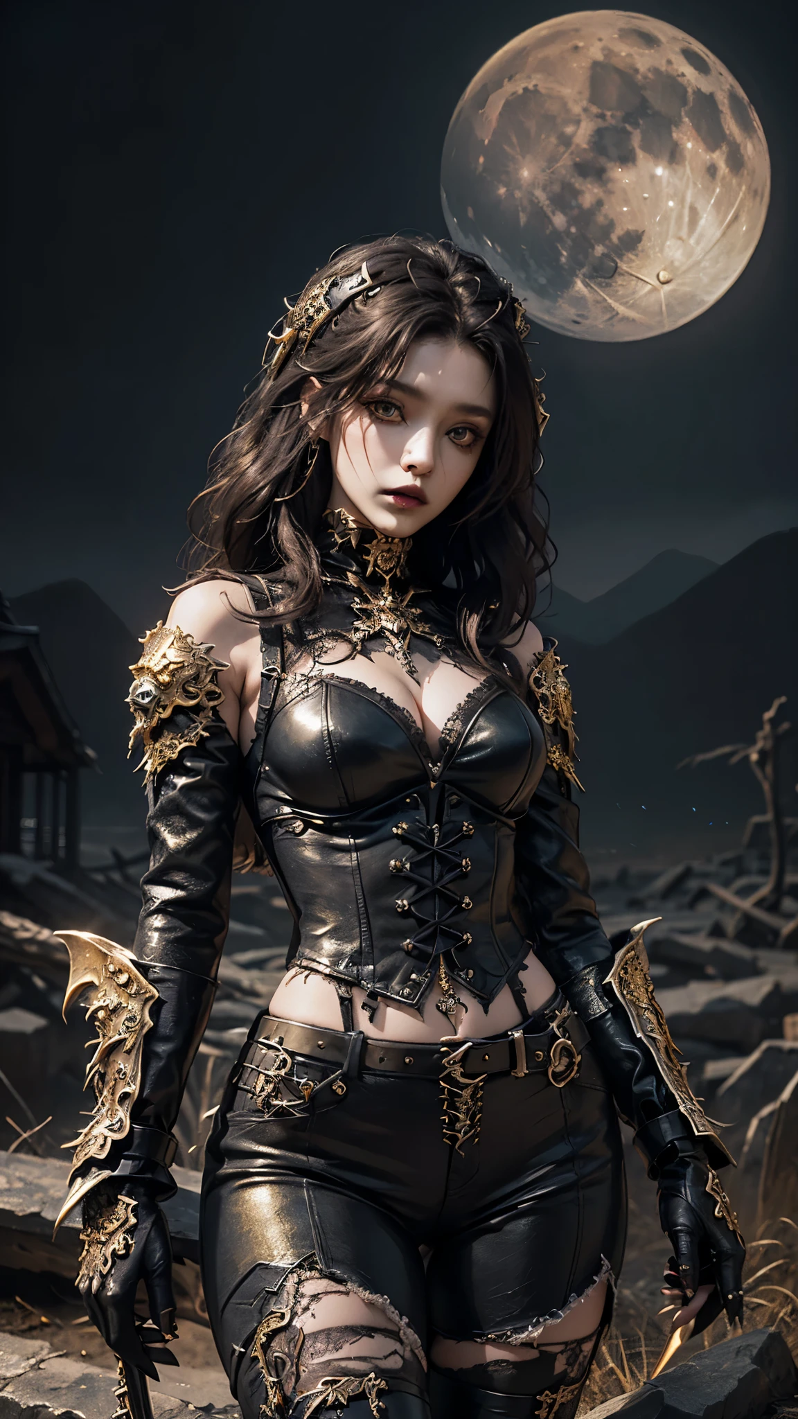 8K, ultra HD, very detailed, masterpiece, 1 girl, good face, dark eyes, dark lips, medium beasts, (detailed metal outfit:1.5), ( deviilgolden outfit:1.5) care waist, darkness, moon background, scary scenery,