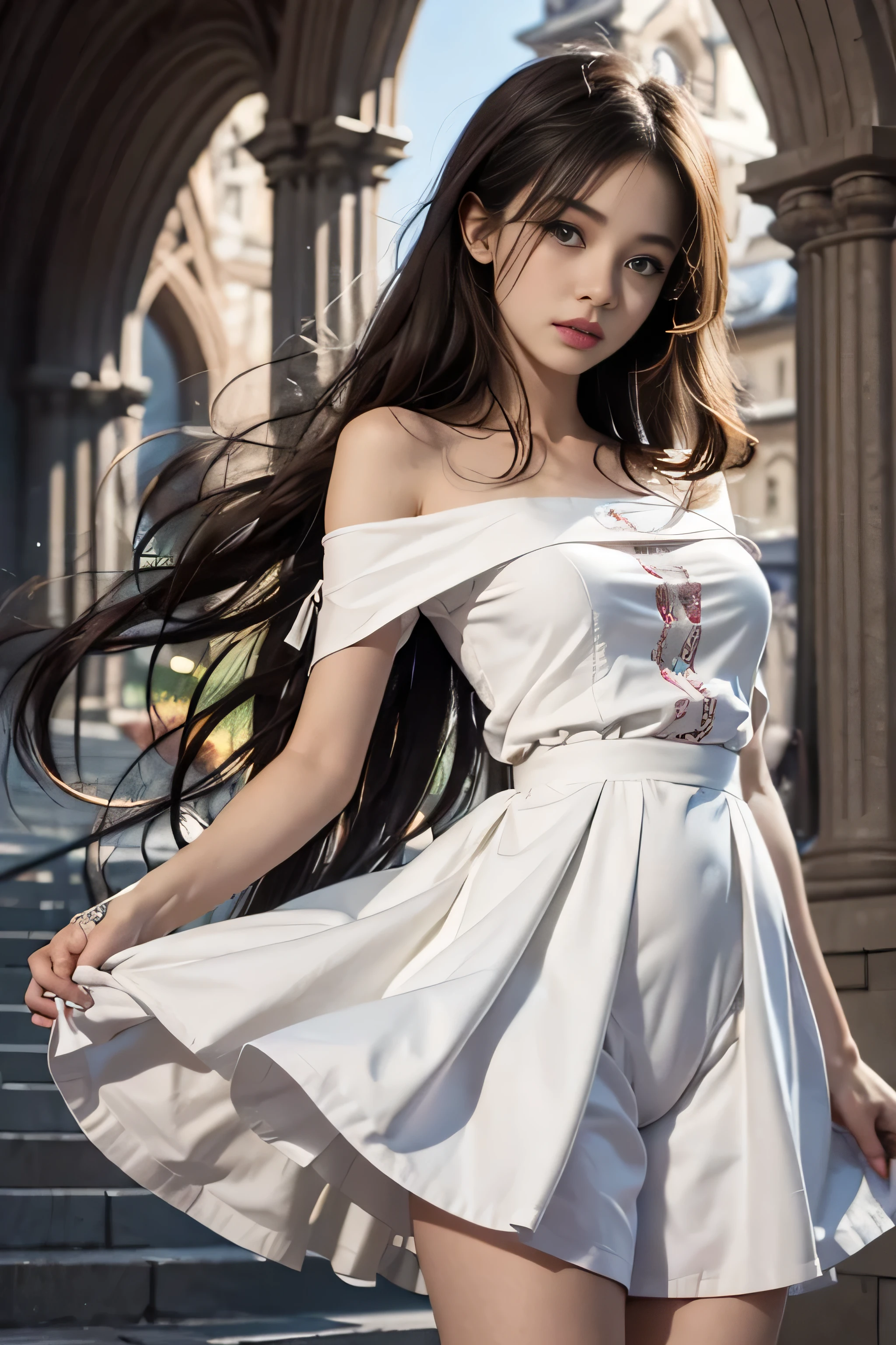 ((Girl standing in front of the wall of an old castle))、((Rear view)),((look back))、Fluorescent color、1 girl、Looking to the side、Beautiful face、Beautiful eyes、（Off the shoulder：1.2）、Upper Body、Shiny Hair、Glowing Skin、 Reduce glare、The proportions of the fingers have been adjusted、Escrow、ass pov、Dynamic Angle、(((Master part)))、(((highest quality)))、(((Super-detailed))) detailed）、（An illustration）、（Detailed light）、（Very delicate and beautiful）、Dramatic_Shadow、Ray_Tracking、reflection、 Ultra-high resolution、((A girl with colorful hair and mesh in her black hair))、 Her hair flutters in the wind、(Large deep blue eyes)、Black Haired Woman、 Sparkling Butterfly、Black-haired woman、Points of light around the woman、Magical Aura、Green dot、Aura About Natural、超Magical AuraBlack-haired woman,((White off-the-shoulder semi-transparent white dress:1.3))、(No sleeve)、((My skirt is flying up in the wind)),((An old European castle is hazy in the distance)),((White panties are visible)),