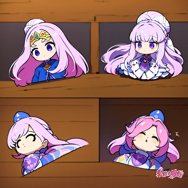 personagem feminina nos tempos coreano com as vestes medievais com as cores rosa, white and lilac and she is a bomb master with long hair,cheio e ondulado castanho escuro que nem os olhos e pele parda em estilo anime.em Model sheet.