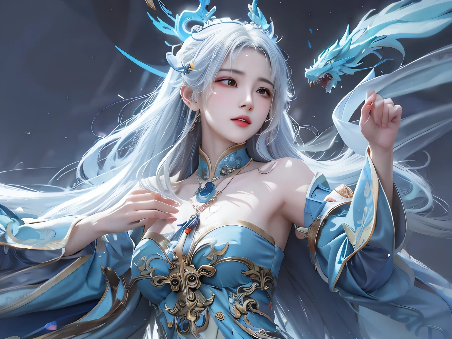 白发蓝裙抱着dragon的动漫女孩, Queen of the Sea Mu Yanling, dragon, Ruan Jia and artgerm, Inspired by Lan Ying, author:Yang Jie, Inspired by Ai Xuan, Best art sites for fan art, inspired by Fenghua Zhong, Inspired by Huang Ji, Ajem and Ruan Jia