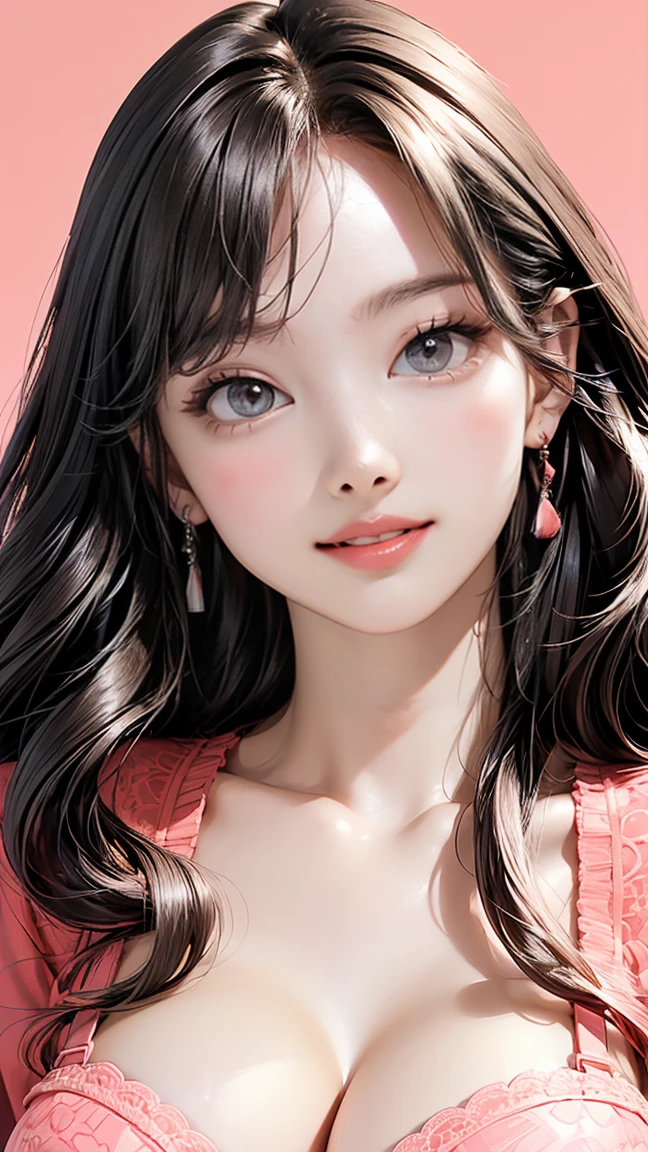 (masterpiece, best quality), beautiful woman, wavy hair, assymetrical bangs, intricate lace lingerie, perfect face, beautiful face, alluring, big gorgeous eyes, huge breasts, smile, perfect body, luxury bedroom, bright colors, (risograph)