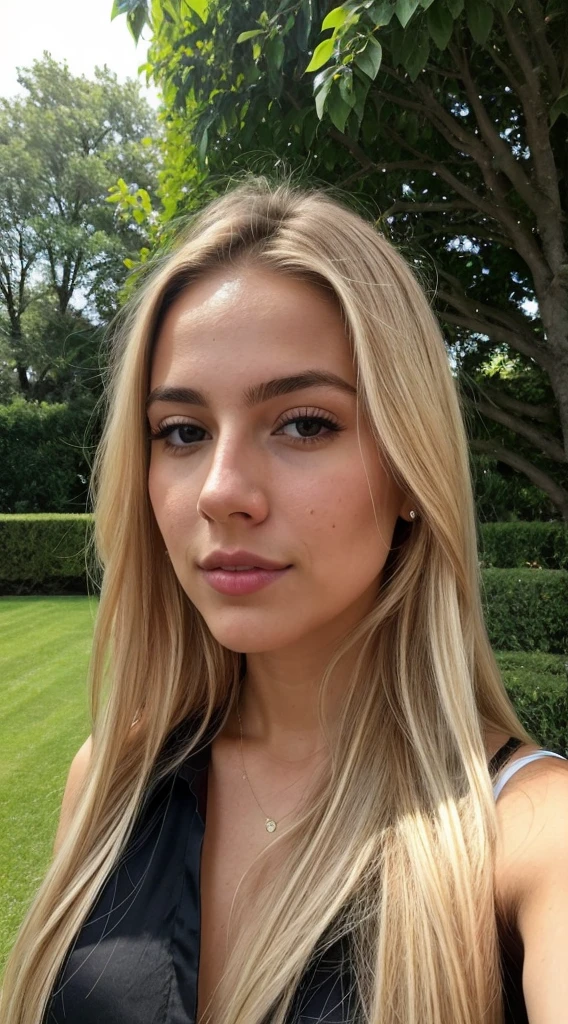 A 23-year-old blonde woman, ((pechos grandes)), ((hiperrealismo)) ,. blonde hair with light brown roots. cabello rubio, Hair with brown roots, cabello extra largo, cabello muy largo, Cabello muy largo, hermoso, vista frontal, autofoto, Foto tomada con iPhone, elegante camisa negra con escote, escotada, autofoto in the garden, alta calidad, autofoto iPhone, escote, foto de lejos