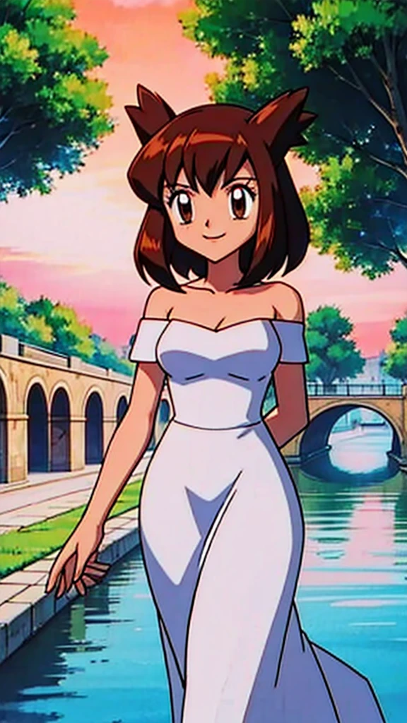 Bianca (pokemon heroes), 1 girl, solo, short hair, brown hair, brown eyes, bare shoulders, strapless, off shoulders, ruffle off the shoulder top, white maxi dress, close up headshot, intricate details, sharp focus, high resolution, the background of beautiful flower park with trees and canals with a bridge, beautiful sunset, smile, white slipper, walking, arms behind back