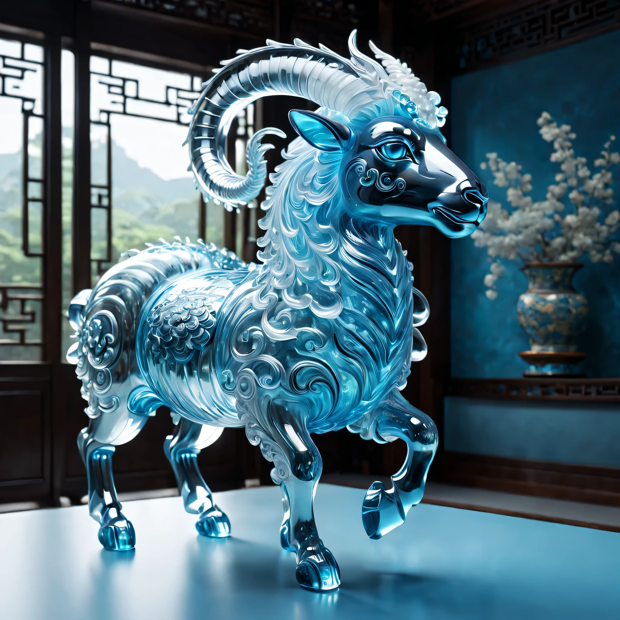 A dragon sheep is displayed in an empty room, RococoStyle, Crystal nuclei, Realistic light depiction, interesting and complex, light blue, hidden academia, World pattern,The body of the vase is illuminated by light, RococoStyle, futuristic elements, Crystal nuclei, Chinese iconography, swirl, light blue, giant money sculpture, Futuristic fantasy style, light blue, An intricate underwater world, Realistic light depiction, clear colors, Crystal nuclei, Light cyan and white, An intricate underwater world风格, Crystal nuclei, chinapunk, swirl, light blue, Glowing portrait, light box,(best quality,4K,8k,high resolution,masterpiece:1.2),super detailed,(actual,realistically,lifelike:1.37),extremely detailed glass vase，There is a sheep on it,super detailedscp神器可以,Complex and gorgeous anime CGI style,Exquisite renderings of the Tang Dynasty,Better than Paul and James Ginn,complex artwork. Guilty car rendering,Complex 8K rendering,8k vray rendering,rendering art,filled with glass. Computer Graphics Association,High quality rendering