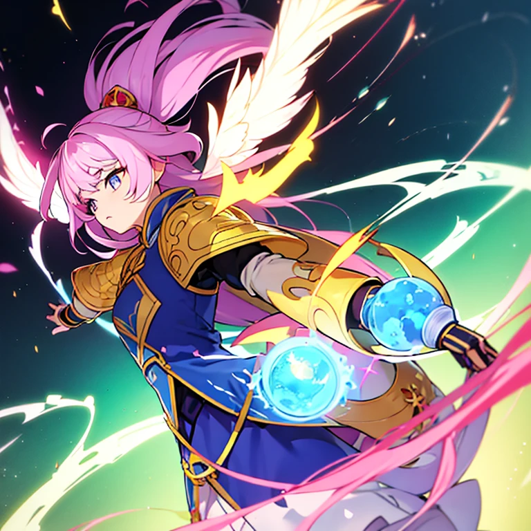  personagem feminino nos tempos coreano com as vestes medievais com as cores rosa, white and lilac and she is a bomb master with long hair,cheio e ondulado  castanho escuro que nem os olhos e pele parda em estilo anime.