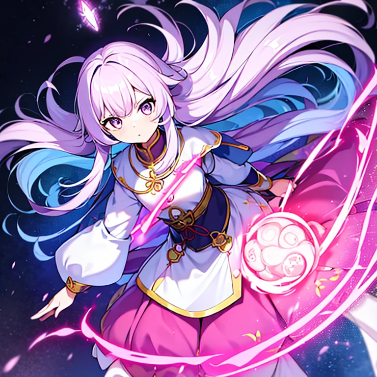 personagem feminino nos tempos coreano com as vestes medievais com as cores rosa, white and lilac and she is a bomb master with long hair,cheio e ondulado castanho escuro que nem os olhos e pele parda em estilo anime.