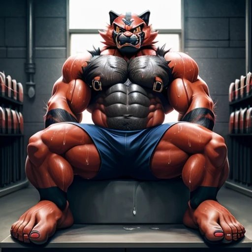 anthro incineroar, big feet, plantigrade feet, swollen soles, growing feet, grey soles, ((sweat dripping from soleig pecs, muscles, nipple piercing,