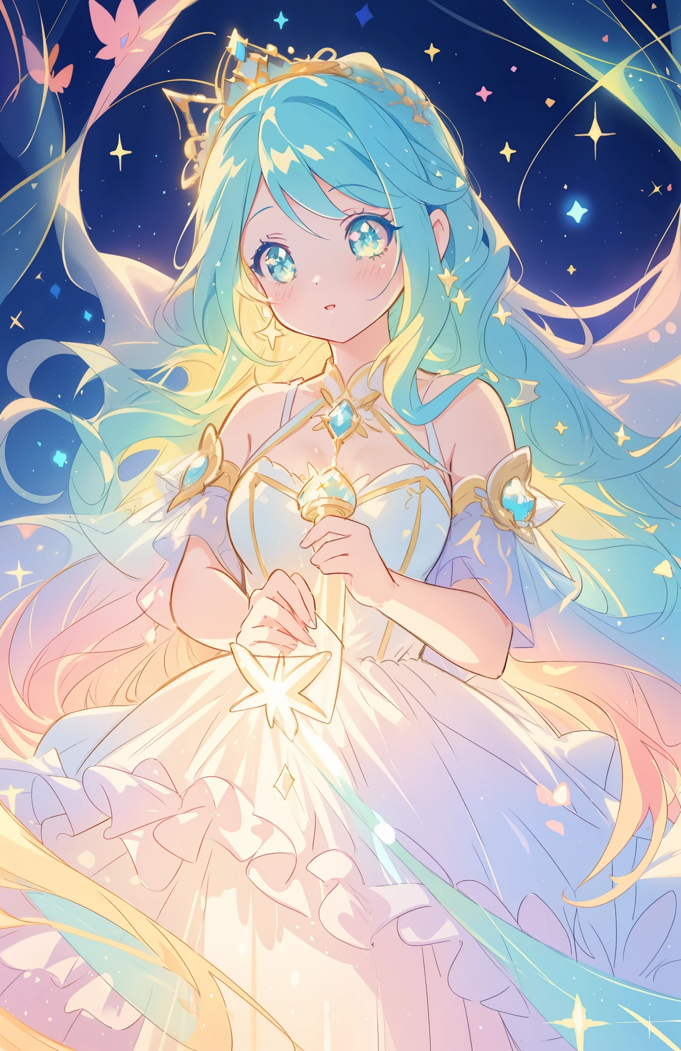 beautiful girl, puffy tiered ballgown, vibrant pastel colors, (colorful), glowing golden long hair, magical lights, sparkling magical liquid, inspired by Glen Keane, inspired by Lois van Baarle, disney art style, by Lois van Baarle, glowing aura around her, by Glen Keane, jen bartel, glowing lights! digital painting, flowing glowing hair, glowing flowing hair, beautiful digital illustration, fantasia background, whimsical, magical, fantasy, ((beautiful face)), ((masterpiece, best quality)), intricate details, highly detailed, sharp focus, 8k resolution, sparkling detailed eyes, liquid watercolor