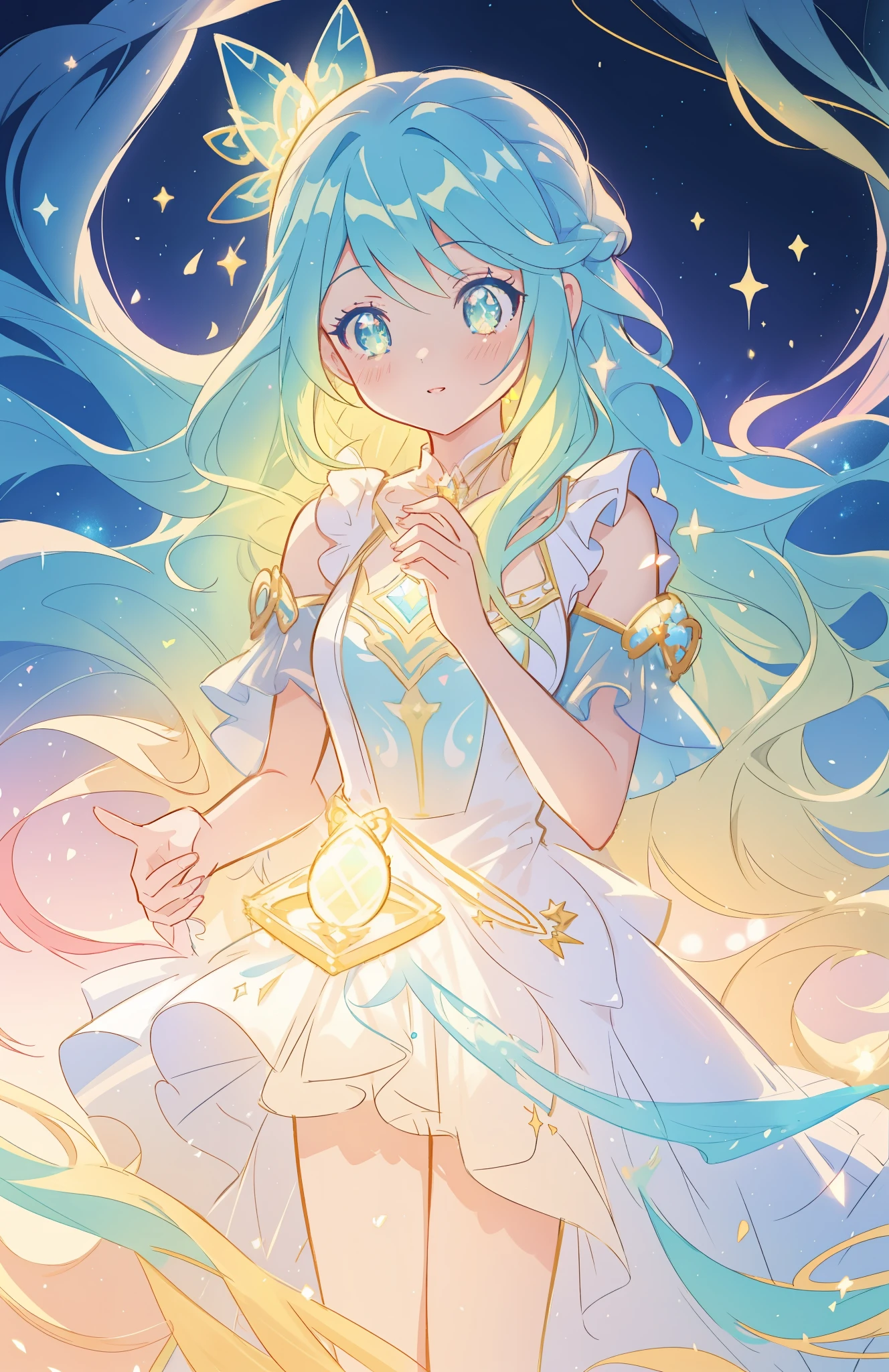 beautiful girl, puffy tiered ballgown, vibrant pastel colors, (colorful), glowing golden long hair, magical lights, sparkling magical liquid, inspired by Glen Keane, inspired by Lois van Baarle, disney art style, by Lois van Baarle, glowing aura around her, by Glen Keane, jen bartel, glowing lights! digital painting, flowing glowing hair, glowing flowing hair, beautiful digital illustration, fantasia background, whimsical, magical, fantasy, ((beautiful face)), ((masterpiece, best quality)), intricate details, highly detailed, sharp focus, 8k resolution, sparkling detailed eyes, liquid watercolor