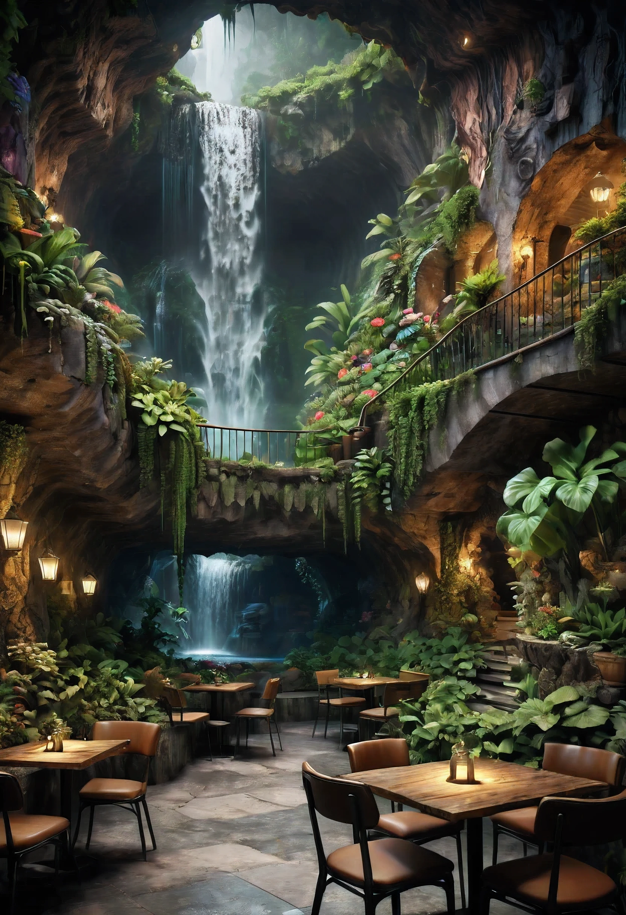 (Masterpiece in maximum 16K resolution), the best quality, (very detailed CG unity 16k wallpaper quality),(Soft colors 16k highly detailed digital art),Super Detailed. | Perfect image,16k UE5,editorial photograph, superfine, Depth of field, no contrast, clean sharp focus, professional, No blurring. | Dark underground,dark cavern, dark scene. | The corner table and chair area on the cafe garden terrace overlooks the vast underground garden, beautiful underground waterfall, amazing wallpapers, beautiful surroundings, optimistic matte painting, Beautiful digital artwork, cozy cafe background, Beautiful and detailed scenes, UHD underground, UHD landscape,Relaxing concept art, beautiful underground garden. | (((More detail))).