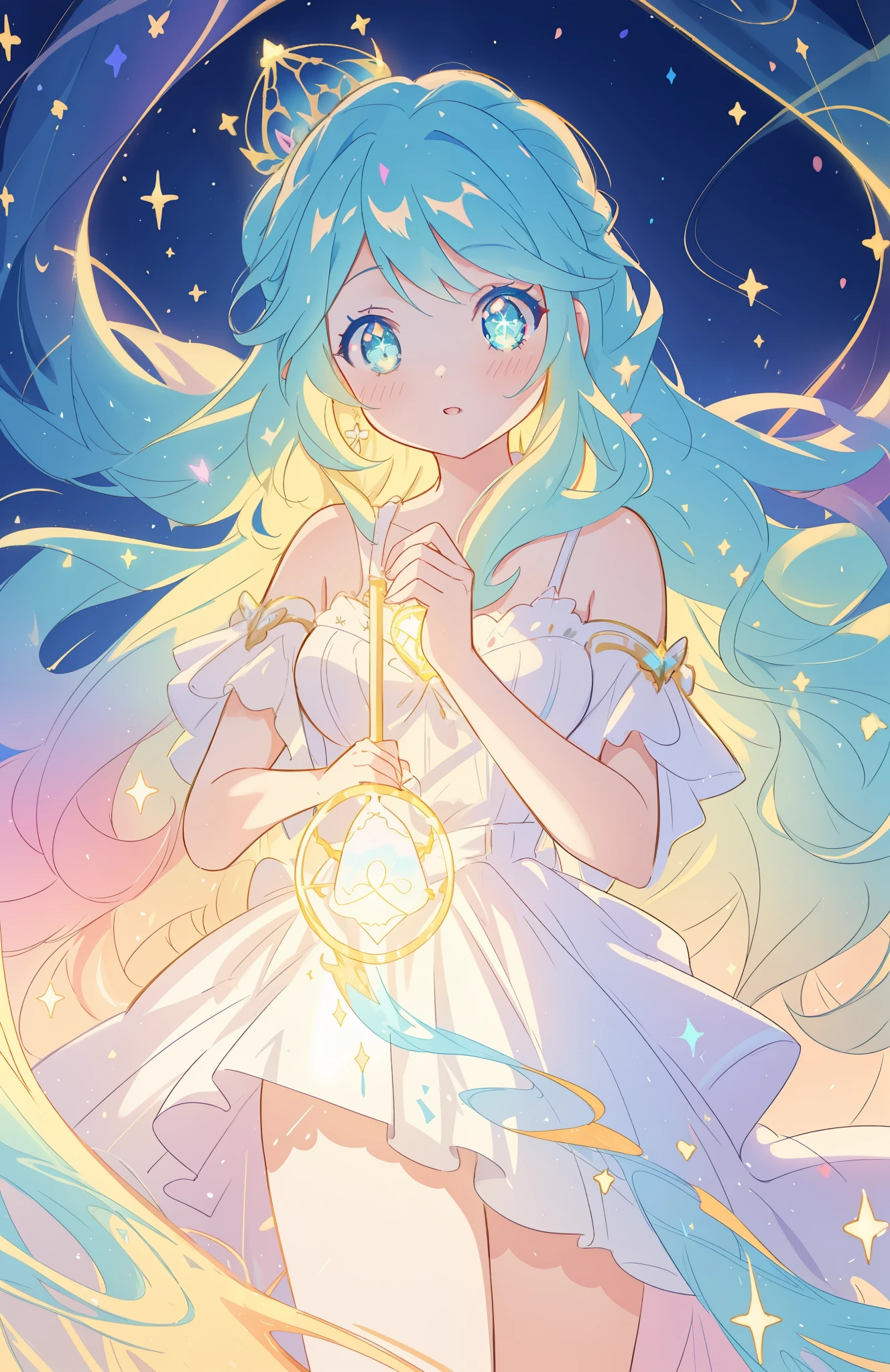 beautiful girl, puffy tiered ballgown, vibrant pastel colors, (colorful), glowing golden long hair, magical lights, sparkling magical liquid, inspired by Glen Keane, inspired by Lois van Baarle, disney art style, by Lois van Baarle, glowing aura around her, by Glen Keane, jen bartel, glowing lights! digital painting, flowing glowing hair, glowing flowing hair, beautiful digital illustration, fantasia background, whimsical, magical, fantasy, ((beautiful face)), ((masterpiece, best quality)), intricate details, highly detailed, sharp focus, 8k resolution, sparkling detailed eyes, liquid watercolor