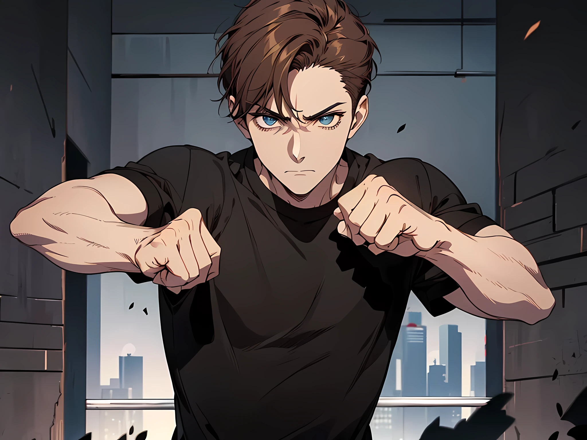 1 man, brown hair, short hair, wearing black tshirt, arrogant facial expression, face to detail, detailed eyes, perfect hands, doing boxing pose, punching to the top, the background is abandoned building, half-body illustration