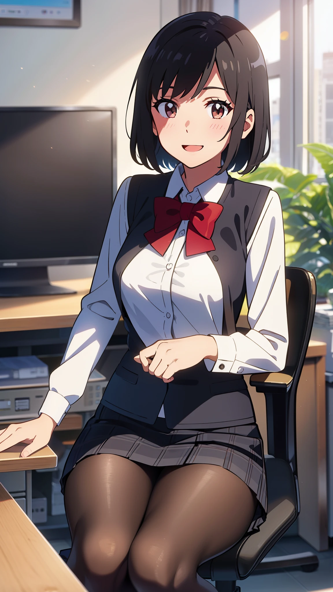 shinkai makoto, kimi no na wa., 1girl, bangs, black hair, blush, bright eyes, brown eyes, red headband, red bow, red ribbon, short hair, smile, cute, beautiful, shiny skin, looking at viewer, solo, White dress shirts, Plaid vest, skirt, plaid skirt, Black pantyhose, indoors, Office, vase, dynamic lights, table, chair, Sitting in an office chair, computer, open mouth