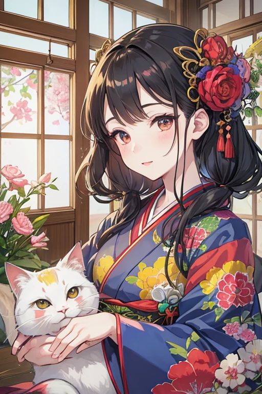 Anime girl in kimono holding a white cat in her hands, digital anime illustration,  detailed digital animation art, anime style 4k, Japanese art style, Beautiful anime portrait, anime style portrait, anime style illustration, guys, anime illustration, Clean and detailed anime art, Beautiful anime catwoman, digital animation art