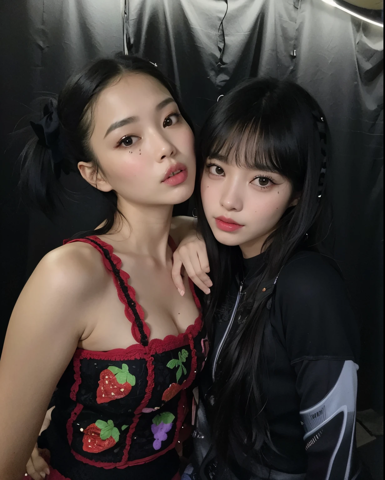 there are two women posing for a photo together in a photo booth, rosa negra jennie, Lalisa Manobal, nixeu e sakimichan, jossi of rosa negra, lalisa manoban of rosa negra, Ulzzang, rosa negra, com hera, portrait of jossi of rosa negra, roseanne park of rosa negra, com preto, they are pixivs and junji