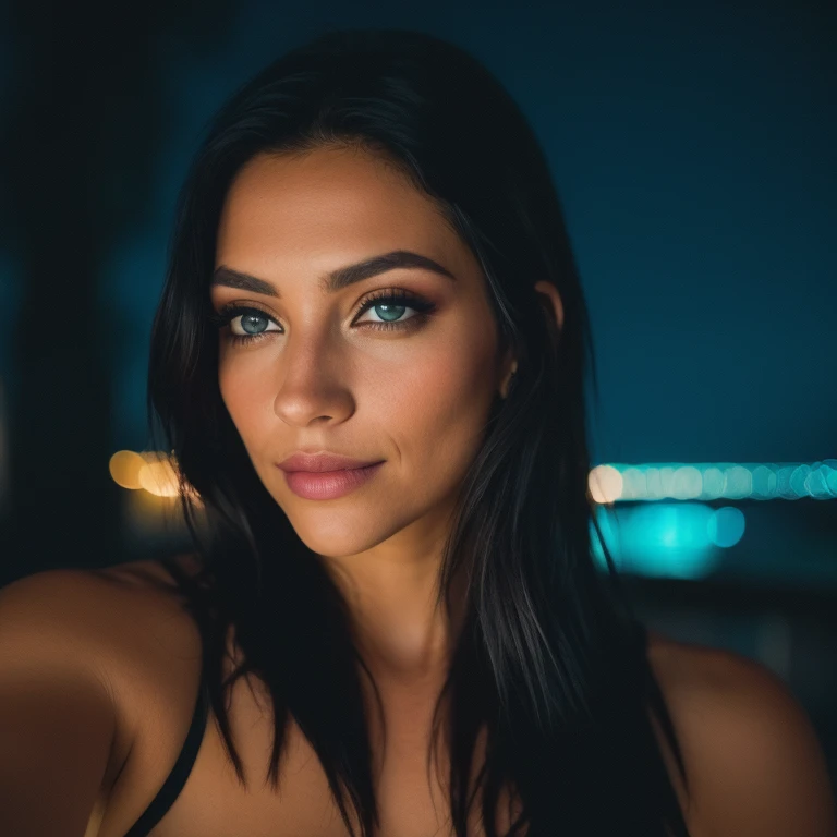 (autofoto, Vista superior: 1.4), (cuerpo completo), RAW UHD portrait photo of a 24-year-old black cabelloed (mujer de ojos azules) recostada boca abajo en la cama, pechos grandes. desnuda, Detalles (texturas! , cabello! , Brillantina, color!! , Desventajas: 1.1), ojos brillantes con alto detalle (mirando a la camara), SLR lighting, reflex camera, ultra calidad, nitidez, profundidad de campo, film grain (centro), Fujifilm XT3, claro como el cristal, frame centro, Hermoso rostro, Sharp focus, farola, neon lighting, bokeh (dimly lit), noche, (noche sky), poros detallados de la piel, Piel grasosa, bronceado, complex eye Detalles, cuerpo completo, pechos grandes