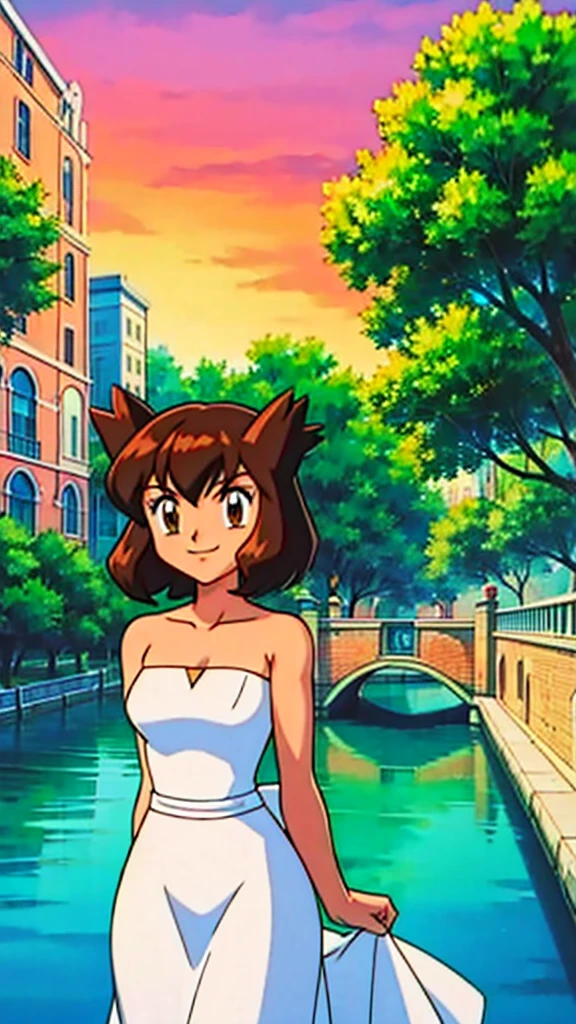 Bianca (pokemon heroes), 1 girl, solo, short hair, brown hair, brown eyes, bare shoulders, strapless, white ruffle off the shoulder top, white maxi dress, close up headshot, intricate details, sharp focus, high resolution, the background of beautiful flower park with trees and canals with a bridge, beautiful sunset, smile, white slipper, walking, arms behind back