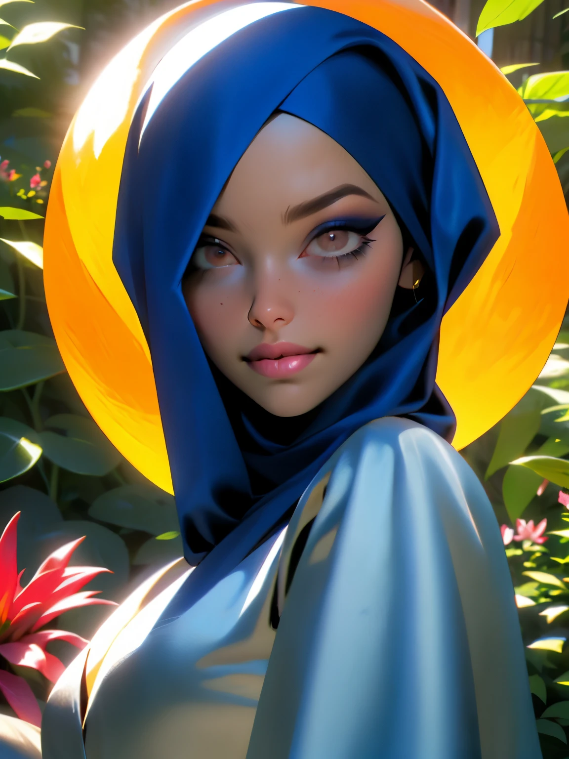 hijabi, sideboob, 1girl, beautiful face, ((white eyes)), sexy pose, spaceship in the background, stars, space, (lightroom:1.13), soft light, (natural skin texture:1.2), (hyperrealism:1.2), sharp focus, focused