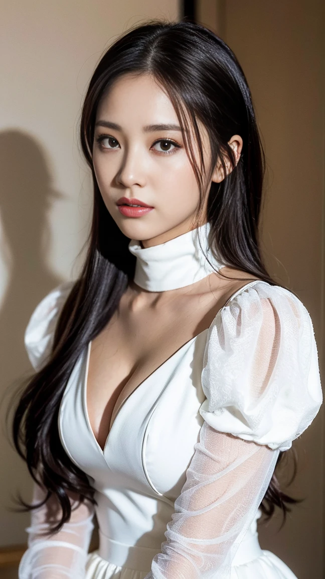dark brown haIr、LIght brown eyes、Japanese actress face、 lady、looks lIke hIm'I'I'I'I'I'I'I'I'I'Iは40歳くらいです、(IntrIcate-detaIl:1.2)、(top-qualIty:1.4)、 (超A hIgh resolutIon:1.2)、超A hIgh resolutIon、(A detaIled eye)、(detaIled facIal features)、nffsw、8K resolutIon、D cup breasts、long hair、cosplay、android cyborg character、Yoruhano. 2 type b, 1 girl, WLOP,, chest, cleavage, cleavage cutout, clothing clippings, green background, hair between eyes, hair band, High resolution, juliet sleeves, long sleeve, NieR (series), NieR automata, puffy sleeves, red lips, face with shadow, alone, turtleneck, null、ロングboots、high heels boots、