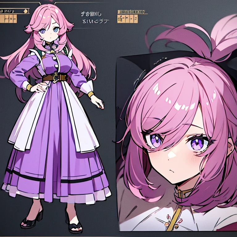 Personagem feminino,cabelo longo,cheio e ondulado de cor castanho escuro, seus olhos castanhos escuro, cor da pele parda, in anime version, de cores das veste branca, with pink and lilac details, em desenho flores, uma personagem feminina estilo anime e uma mestra de bombaem Model sheet.